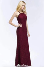 Halter Mermaid Evening Dress Floor Length Lace Burgundy Bridesmaid Dresses by misshow.com