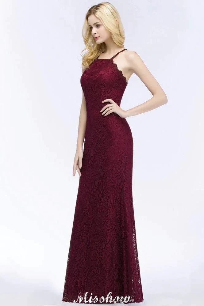 Halter Mermaid Evening Dress Floor Length Lace Burgundy Bridesmaid Dresses by misshow.com