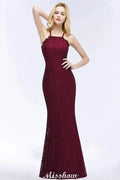 Halter Mermaid Evening Dress Floor Length Lace Burgundy Bridesmaid Dresses by misshow.com