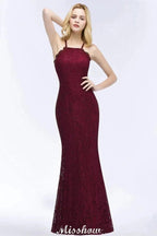 Halter Mermaid Evening Dress Floor Length Lace Burgundy Bridesmaid Dresses by misshow.com