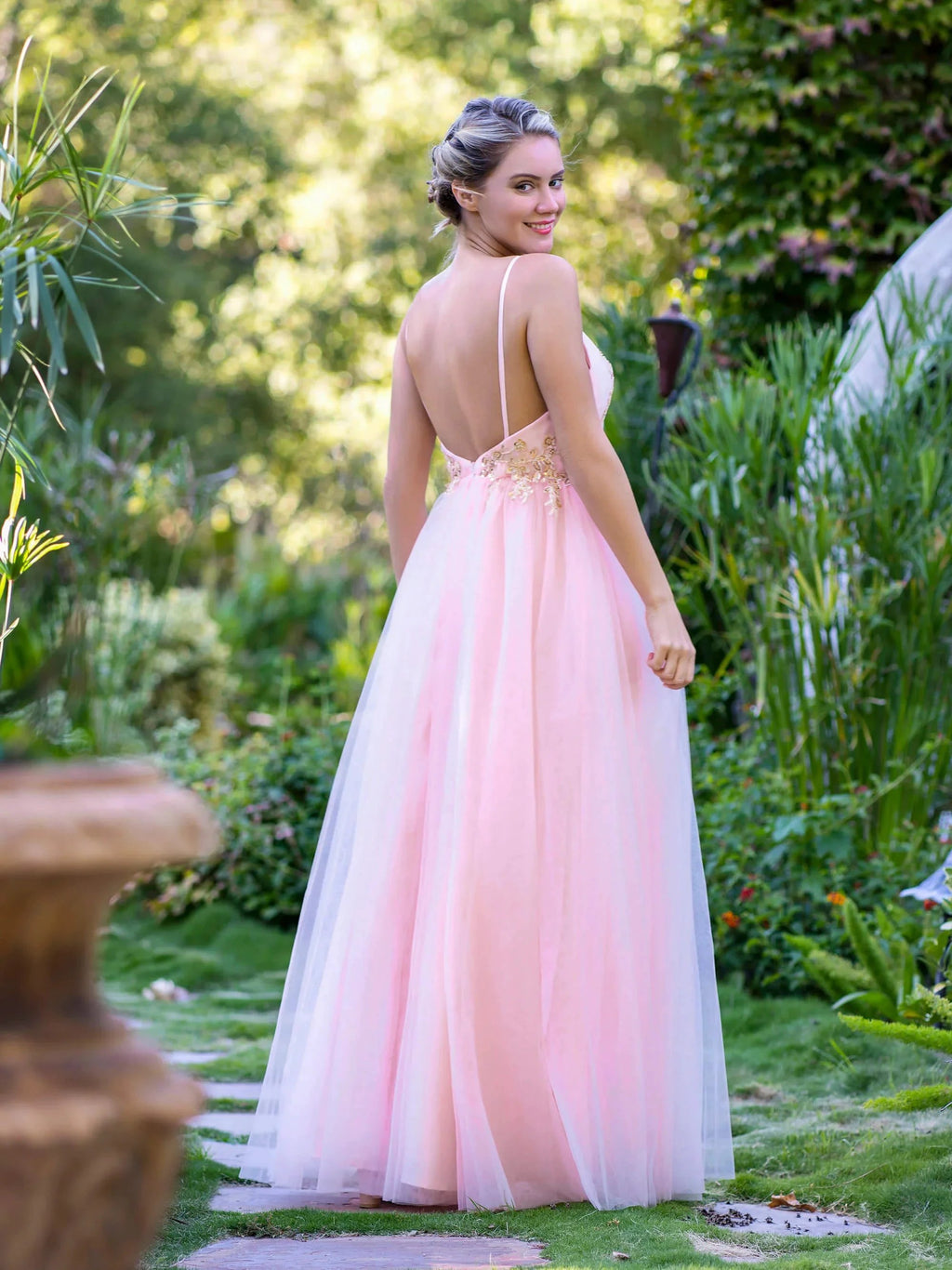 A-line Deep V Neckline Applique Tulle Prom Dress by Anne of Brittany