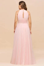 Halter Pink Bridesmaid Dress Plus Size Chiffon Wedding party Dress for Girls by misshow.com