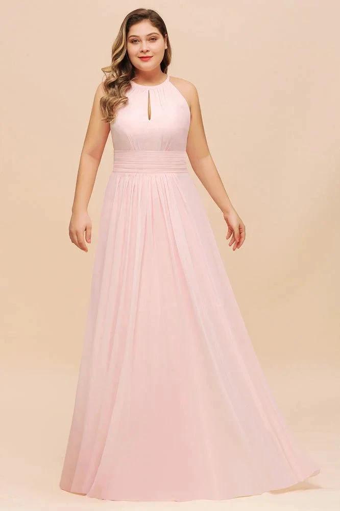 Halter Pink Bridesmaid Dress Plus Size Chiffon Wedding party Dress for Girls by misshow.com