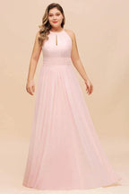 Halter Pink Bridesmaid Dress Plus Size Chiffon Wedding party Dress for Girls by misshow.com