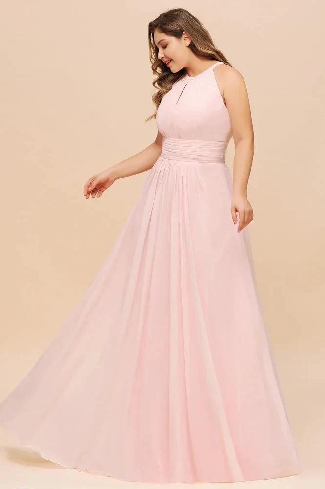 Halter Pink Bridesmaid Dress Plus Size Chiffon Wedding party Dress for Girls by misshow.com