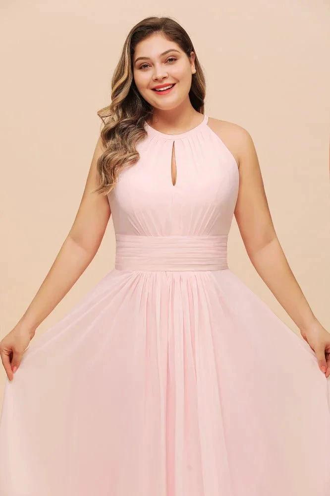 Halter Pink Bridesmaid Dress Plus Size Chiffon Wedding party Dress for Girls by misshow.com