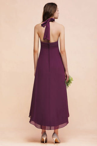 Vestido de dama de honor morado con cuello halter, corte alto y bajo, de gasa, para cóctel