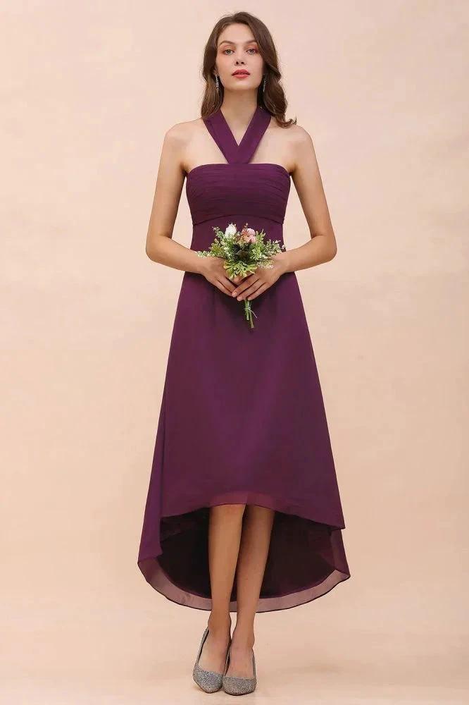 Halter Purple Hi-Lo Bridesmaid Dress Chiffon Cocktail Party Dress by misshow.com