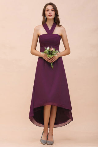 Vestido de dama de honor morado con cuello halter, corte alto y bajo, de gasa, para cóctel