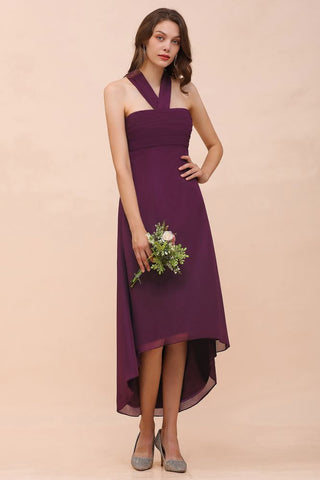Vestido de dama de honor morado con cuello halter, corte alto y bajo, de gasa, para cóctel