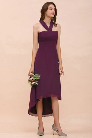 Vestido de dama de honor morado con cuello halter, corte alto y bajo, de gasa, para cóctel