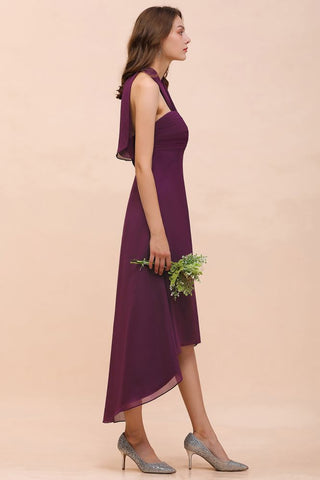 Vestido de dama de honor morado con cuello halter, corte alto y bajo, de gasa, para cóctel