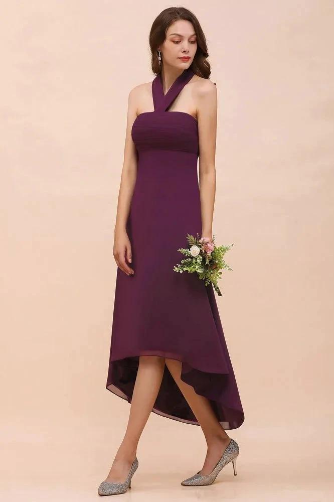 Halter Purple Hi-Lo Bridesmaid Dress Chiffon Cocktail Party Dress by misshow.com
