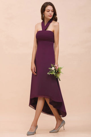 Vestido de dama de honor morado con cuello halter, corte alto y bajo, de gasa, para cóctel