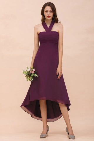 Vestido de dama de honor morado con cuello halter, corte alto y bajo, de gasa, para cóctel