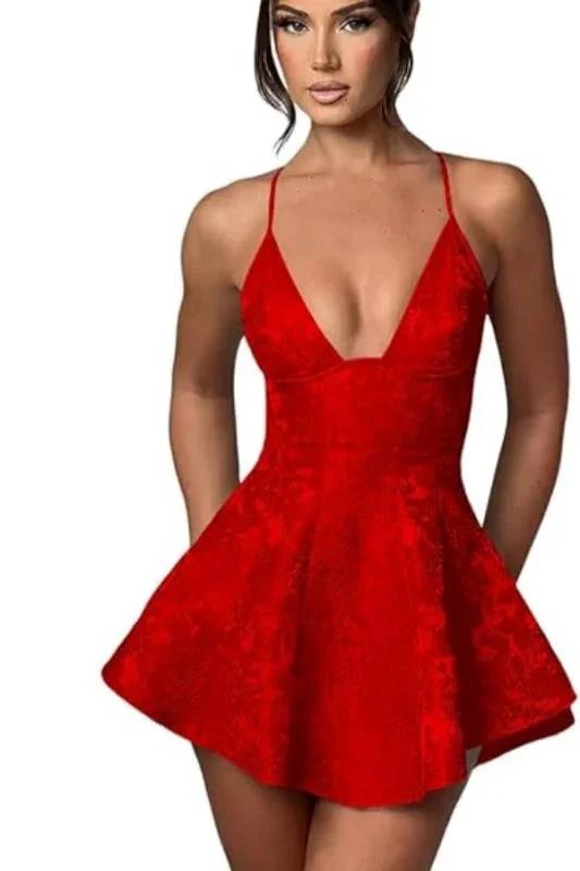 Charming Halter Satin Mini Homecoming Dress Ruffle Floral Jacquard Short Party Dress for Girls by misshow.com