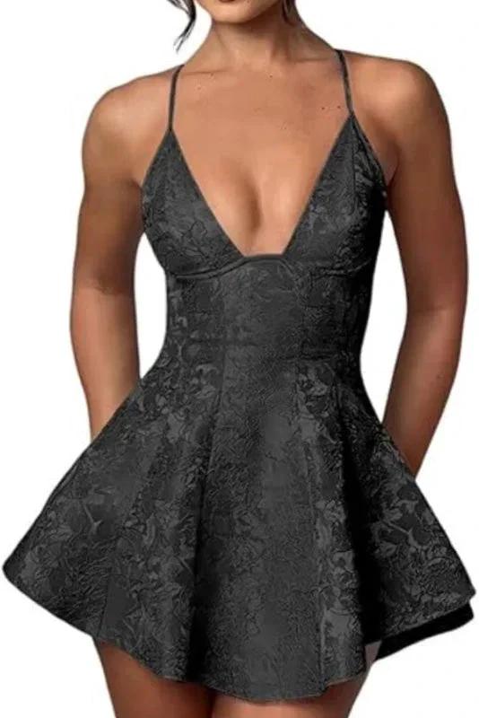 Charming Halter Satin Mini Homecoming Dress Ruffle Floral Jacquard Short Party Dress for Girls by misshow.com