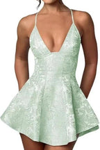 Charming Halter Satin Mini Homecoming Dress Ruffle Floral Jacquard Short Party Dress for Girls by misshow.com