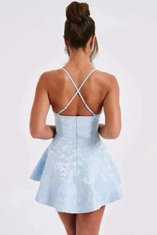 Charming Halter Satin Mini Homecoming Dress Ruffle Floral Jacquard Short Party Dress for Girls by misshow.com
