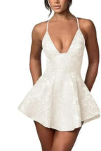 Charming Halter Satin Mini Homecoming Dress Ruffle Floral Jacquard Short Party Dress for Girls by misshow.com