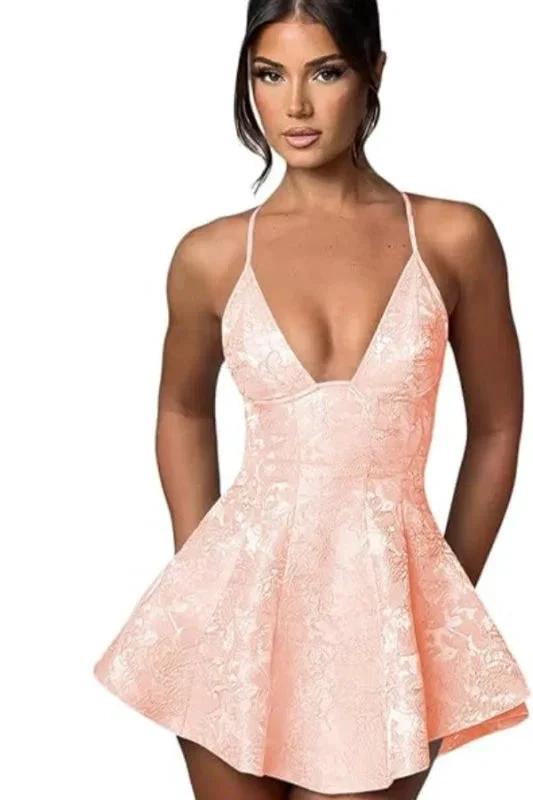 Charming Halter Satin Mini Homecoming Dress Ruffle Floral Jacquard Short Party Dress for Girls by misshow.com