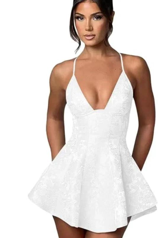 Charming Halter Satin Mini Homecoming Dress Ruffle Floral Jacquard Short Party Dress for Girls by misshow.com