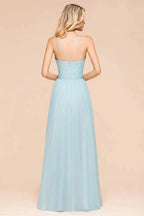 Halter Sky Blue Floor Length Bridesmaid Dress online Sleeveless A-line party Dress by misshow.com