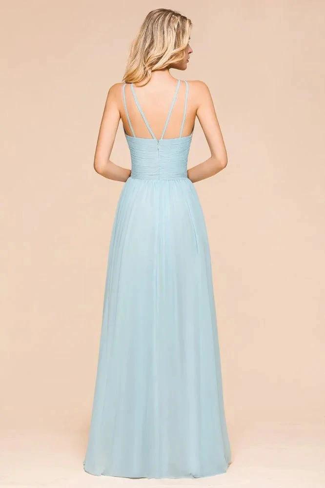Halter Sky Blue Floor Length Bridesmaid Dress online Sleeveless A-line party Dress by misshow.com