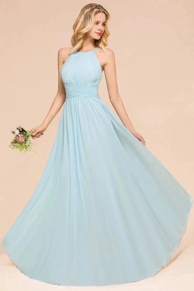 Halter Sky Blue Floor Length Bridesmaid Dress online Sleeveless A-line party Dress by misshow.com