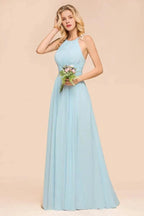 Halter Sky Blue Floor Length Bridesmaid Dress online Sleeveless A-line party Dress by misshow.com