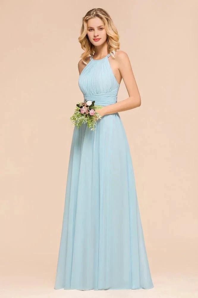 Halter Sky Blue Floor Length Bridesmaid Dress online Sleeveless A-line party Dress by misshow.com