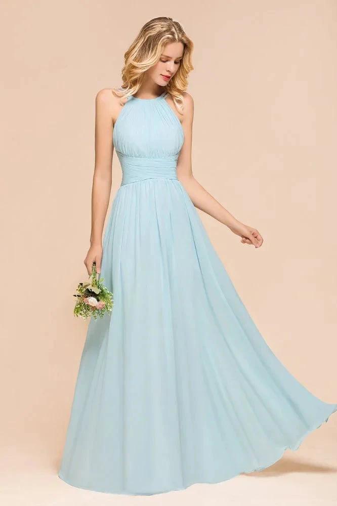Halter Sky Blue Floor Length Bridesmaid Dress online Sleeveless A-line party Dress by misshow.com