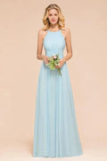 Halter Sky Blue Floor Length Bridesmaid Dress online Sleeveless A-line party Dress by misshow.com