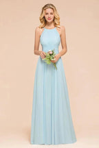 Halter Sky Blue Floor Length Bridesmaid Dress online Sleeveless A-line party Dress by misshow.com
