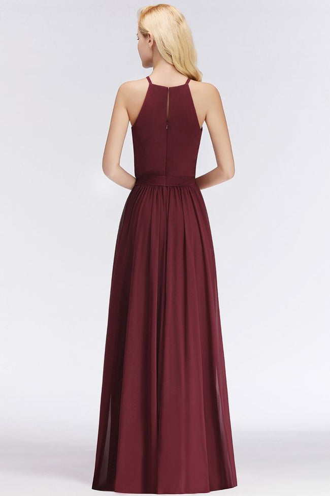 Halter Sleeveless A-line Burgundy Ruffles Chiffon Bridesmaid Dresses Main Image
