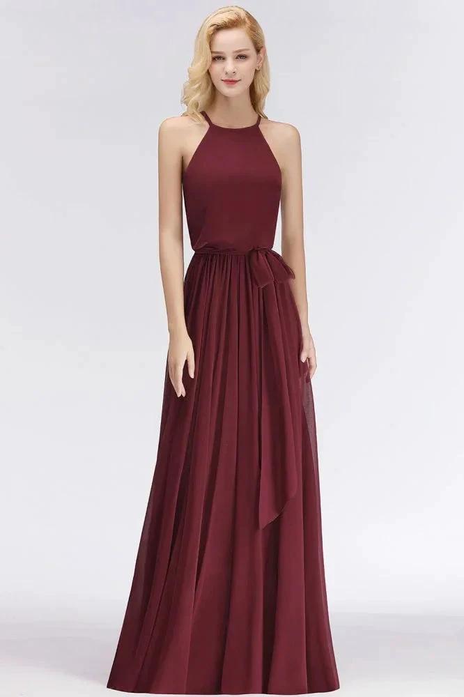 Halter Sleeveless A-line Burgundy Ruffles Chiffon Bridesmaid Dresses by misshow.com