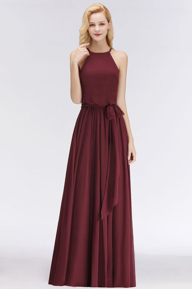 Halter Sleeveless A-line Burgundy Ruffles Chiffon Bridesmaid Dresses Hover Image