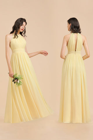 Vestido de dama de honor de gasa con cuello halter, sin mangas y volantes, color narciso 