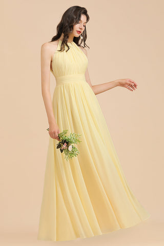 Vestido de dama de honor de gasa con cuello halter, sin mangas y volantes, color narciso 