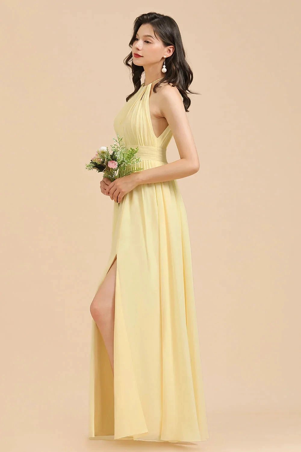 Halter Sleeveless Daffodil Chiffon Bridesmaid Dress with Ruffles by misshow.com