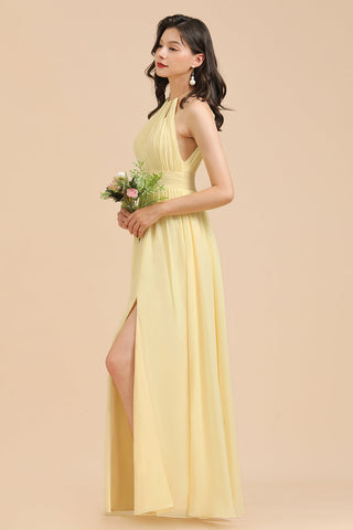 Vestido de dama de honor de gasa con cuello halter, sin mangas y volantes, color narciso 