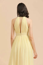 Halter Sleeveless Daffodil Chiffon Bridesmaid Dress with Ruffles by misshow.com