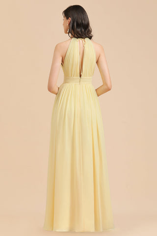 Vestido de dama de honor de gasa con cuello halter, sin mangas y volantes, color narciso 