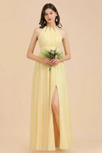 Halter Sleeveless Daffodil Chiffon Bridesmaid Dress with Ruffles by misshow.com