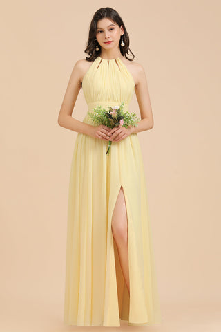 Vestido de dama de honor de gasa con cuello halter, sin mangas y volantes, color narciso 