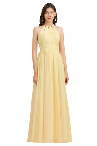 Vestido de dama de honor de gasa con cuello halter, sin mangas y volantes, color narciso 