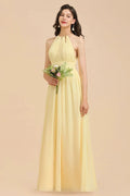 Halter Sleeveless Daffodil Chiffon Bridesmaid Dress with Ruffles by misshow.com