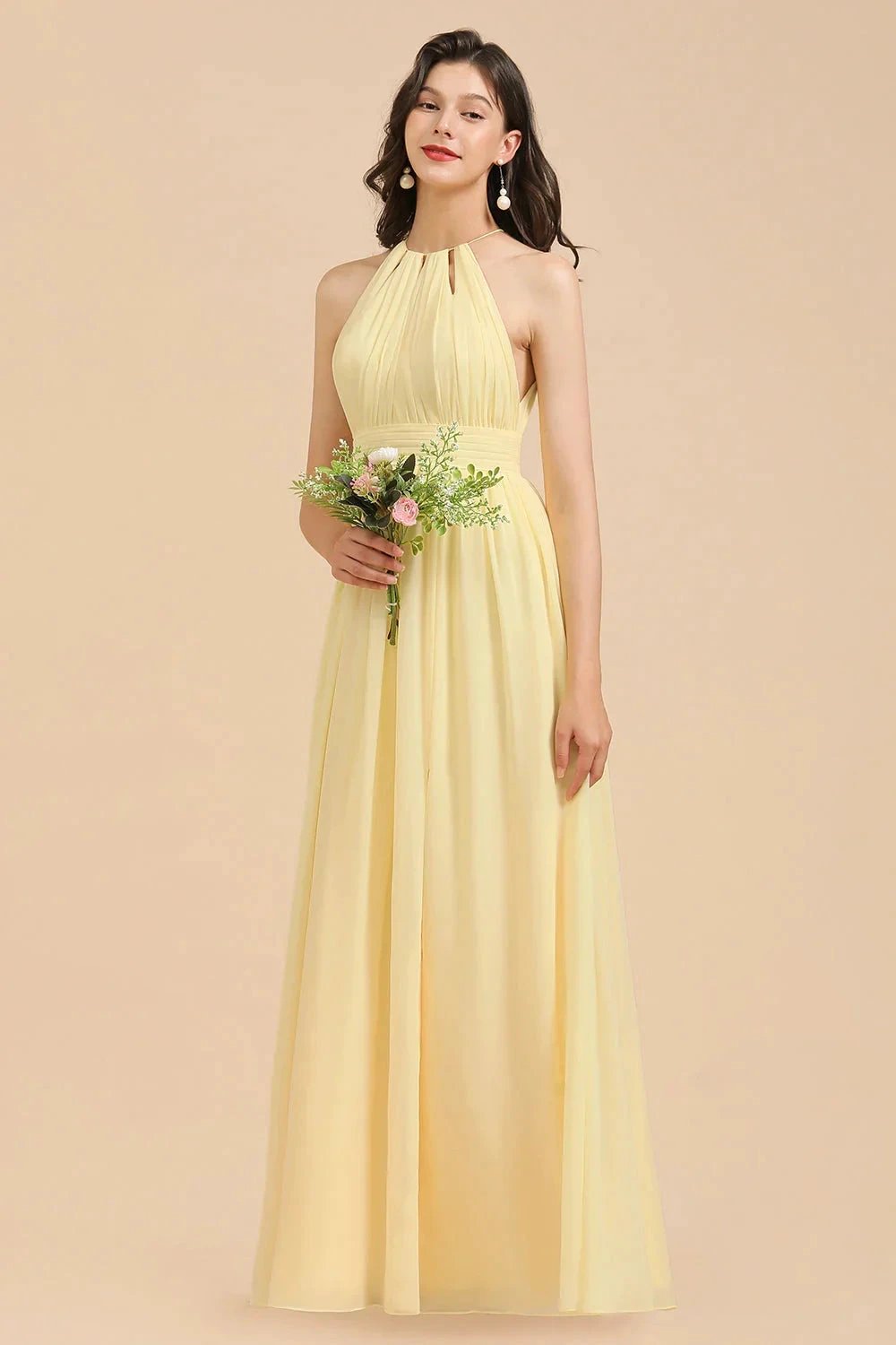 Halter Sleeveless Daffodil Chiffon Bridesmaid Dress with Ruffles by misshow.com