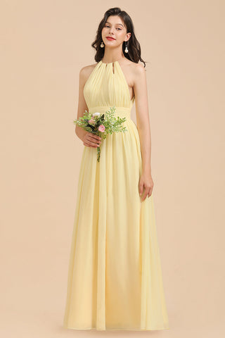 Vestido de dama de honor de gasa con cuello halter, sin mangas y volantes, color narciso 