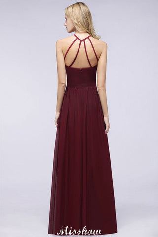 Vestido de dama de honor largo hasta el suelo, sin mangas y con cuello halter y volantes